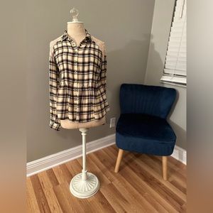 FREE PEOPLE Plaid Crochet Peplum Yellow Plaid Snap Button Down Shirt Top